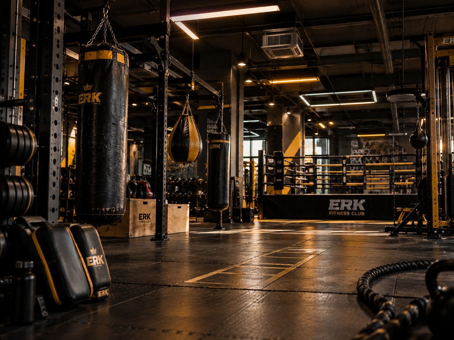 Boks alanı: kum torbaları, ring ve ERK yazılı platform