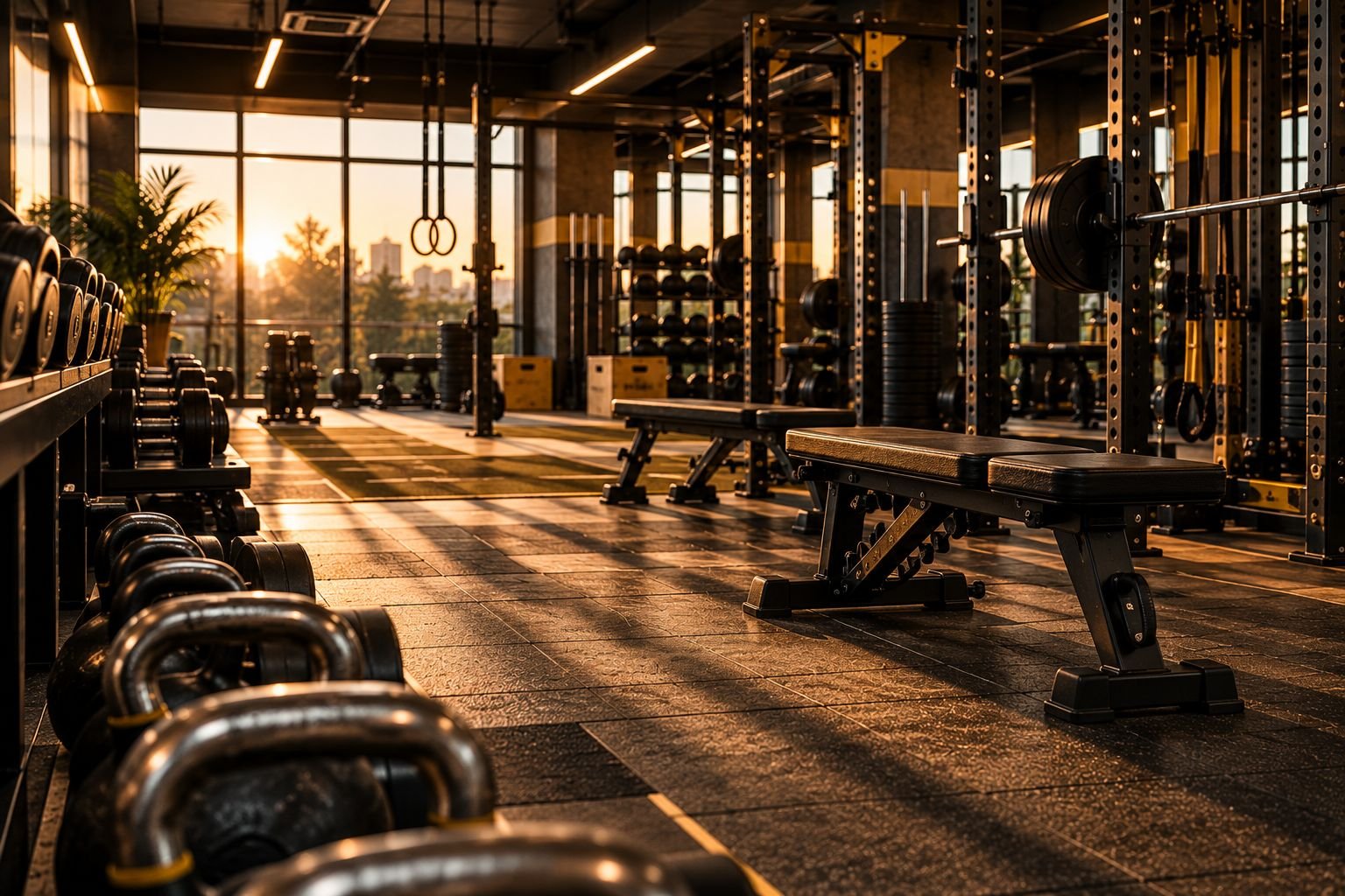 Gün batımında ağırlık alanı: kettlebell sırası ve sehpalar