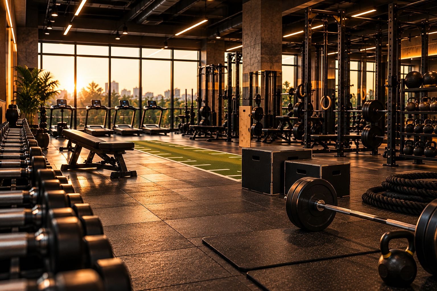 Geniş pencereli fitness alanı: koşu bantları, halter ve kutular