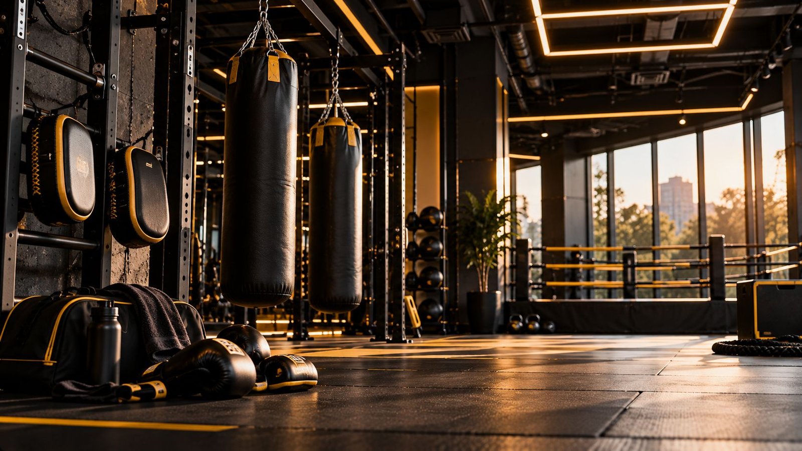 Kick boks alanı: asılı kum torbaları, eldivenler ve arkada ring