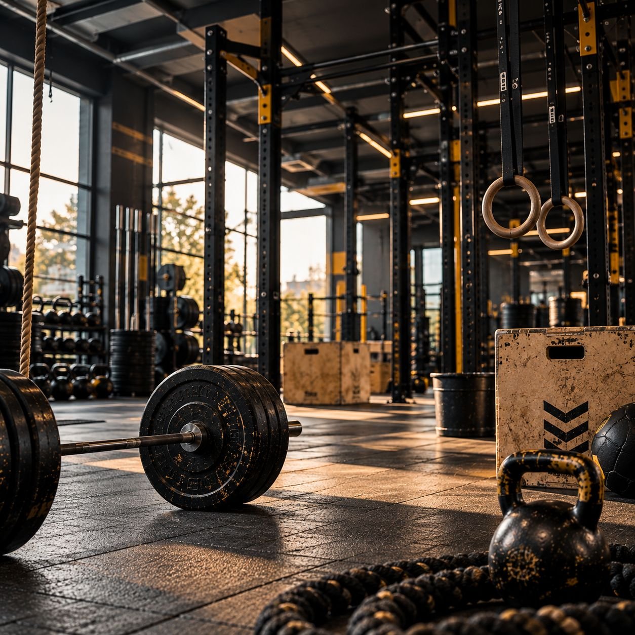 Fonksiyonel antrenman alanı: halter, kettlebell, plyo kutusu ve halkalar