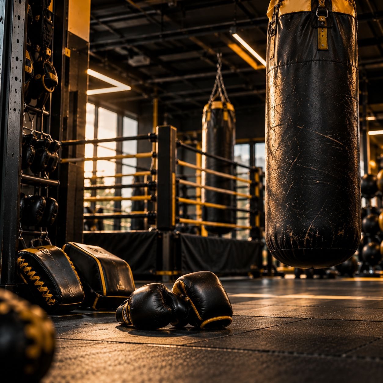 Kick boks alanı: kum torbası, eldivenler ve ring
