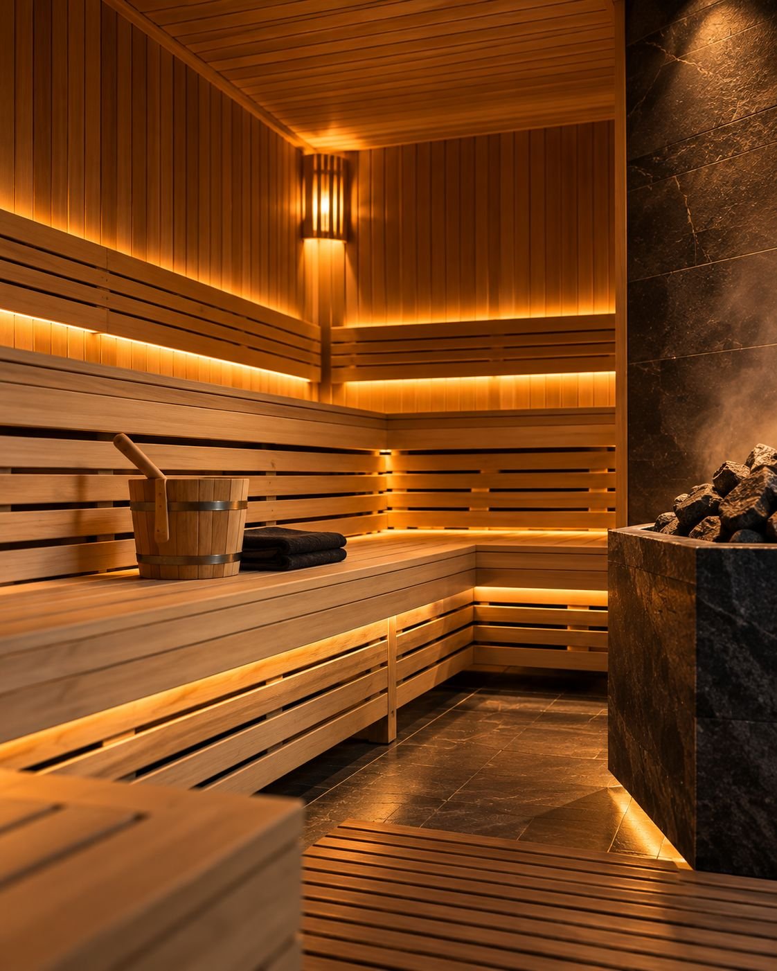 Sıcak ışıklı ahşap sauna